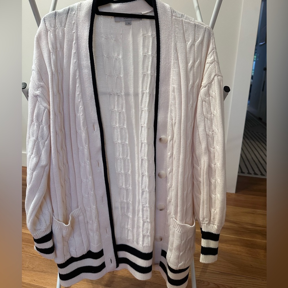 LOFT White Cable-Knit Cardigan with Black Trim